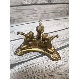 Vintage Solid Cast Brass Angels Cherubs Playing Trumpets Gold